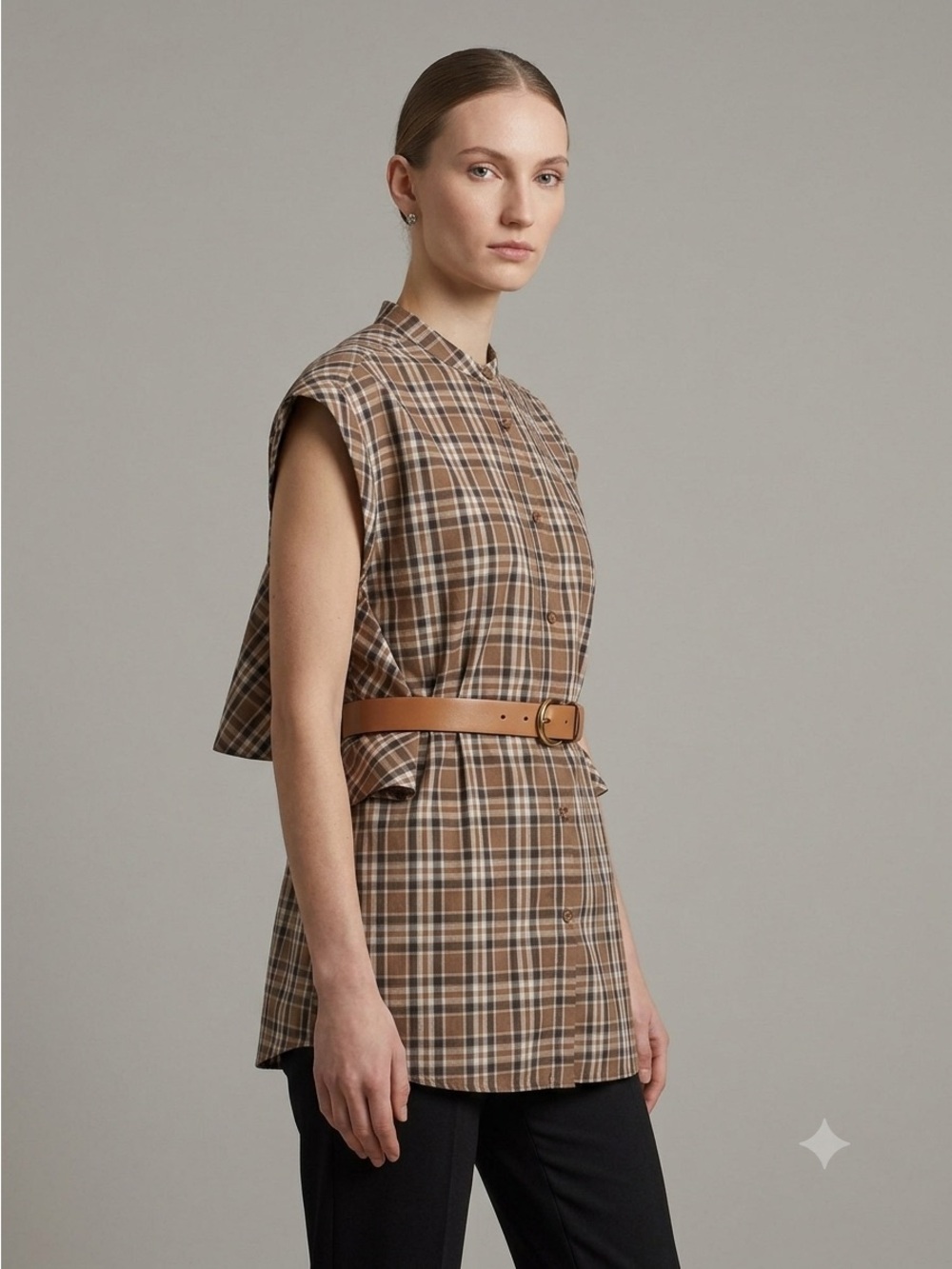 Classic Brown Blue Plaid Sleeveless Tunic Blouse - Small, Japanese brand 🇯🇵 - Picture 11 of 12